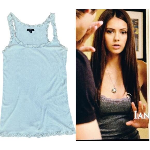 Y2K American Eagle Blue Rib Lace Long Fitted Tank Cami ASO ALT Elena Gilbert L - Picture 1 of 10